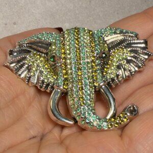 Elephant Brooch Green Rhinestone Animal Pin – 3” Tall